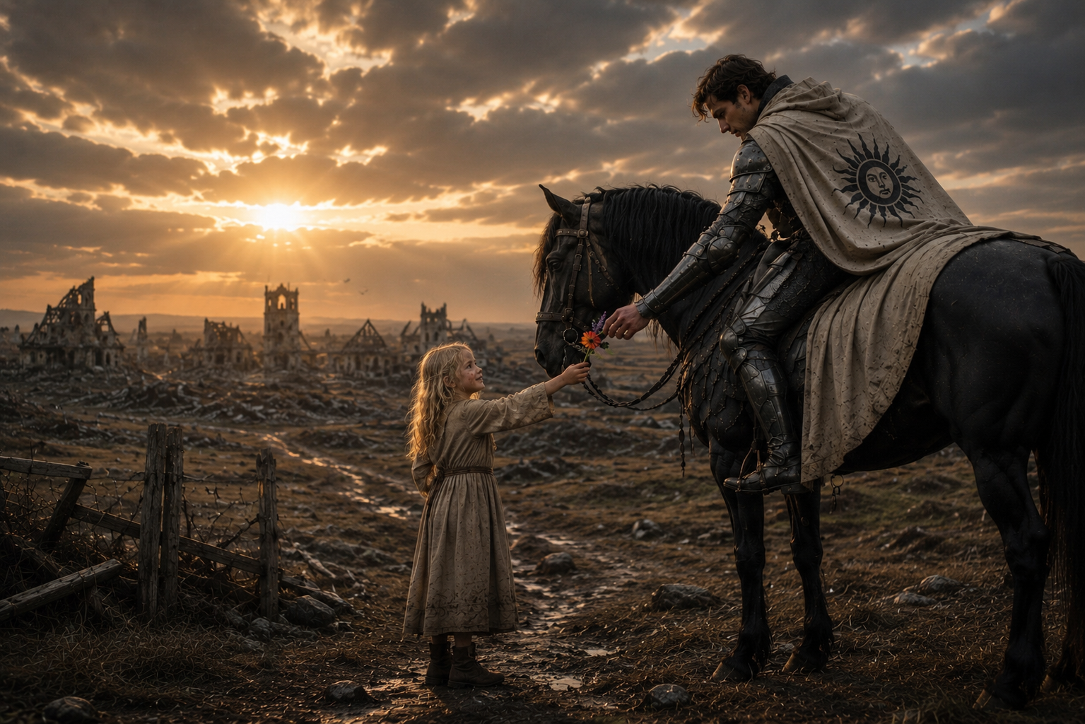 A Volelian knight offering a flower to a child outside a ruined village
