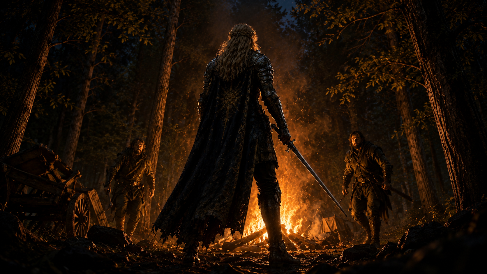 A blonde Volelian knight faces highwaymen in a dark forest by firelight